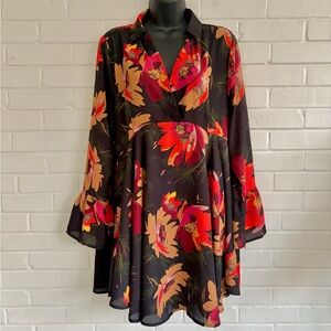 Umgee Black Collared Long Sleeve Dress w/ Vibrant Floral Pattern, SZ L LIKE NEW